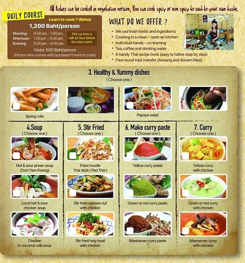 Brochure detailing Learn Thai Cooking in Krabi class schedule and pricing