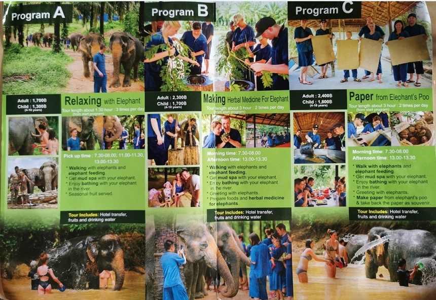 Brochure displaying pricing and daily programs at Krabi Elephants Sanctuary