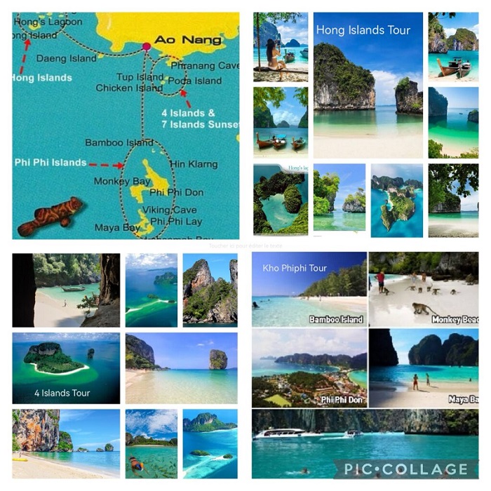 Krabi and Ao Nang islands map featuring Hong, 4 Islands, and Phi Phi tours